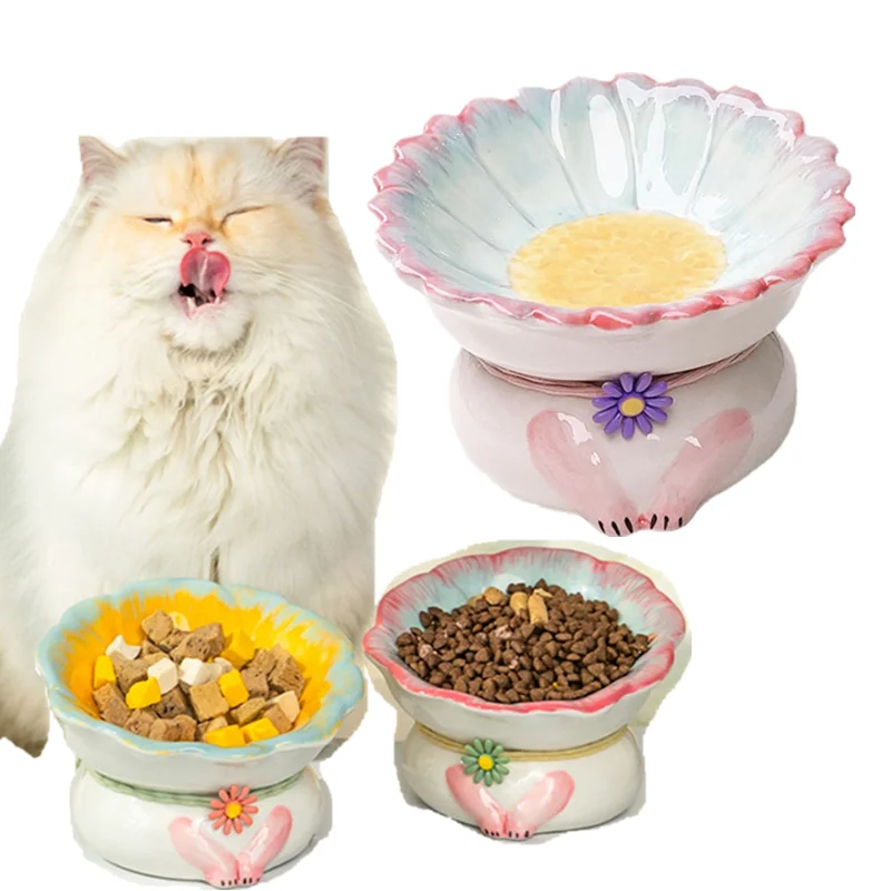 

Cute Ceramic Cat Bowl High Foot Plate Non-slip Flower Shape Dog Puppy Feeder Feeding Food Water Protection Cervical Pet Supplies
