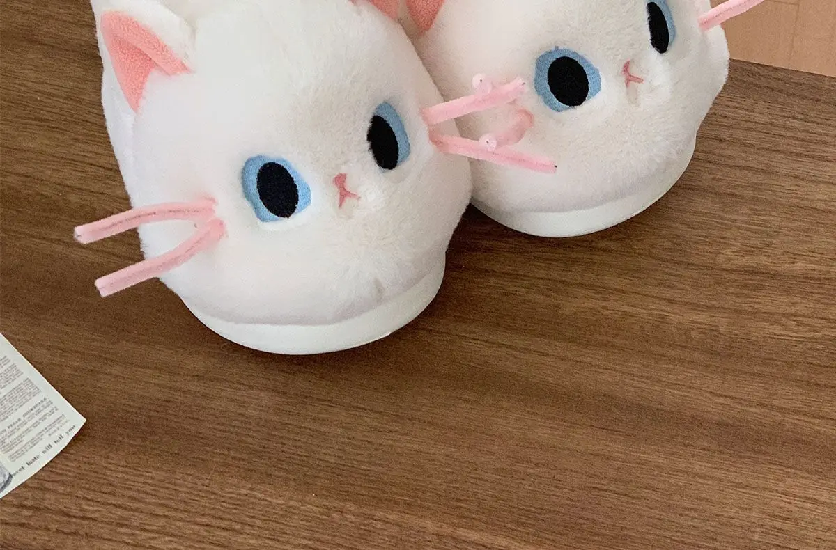 Schöne schwarz weiß 3D Katze Ohr Plüsch Hausschuhe Indoor Haus Tier Kitty Schuhe Frauen Slip-ons Pelz Pantoletten Chausson Chat – Detail 18