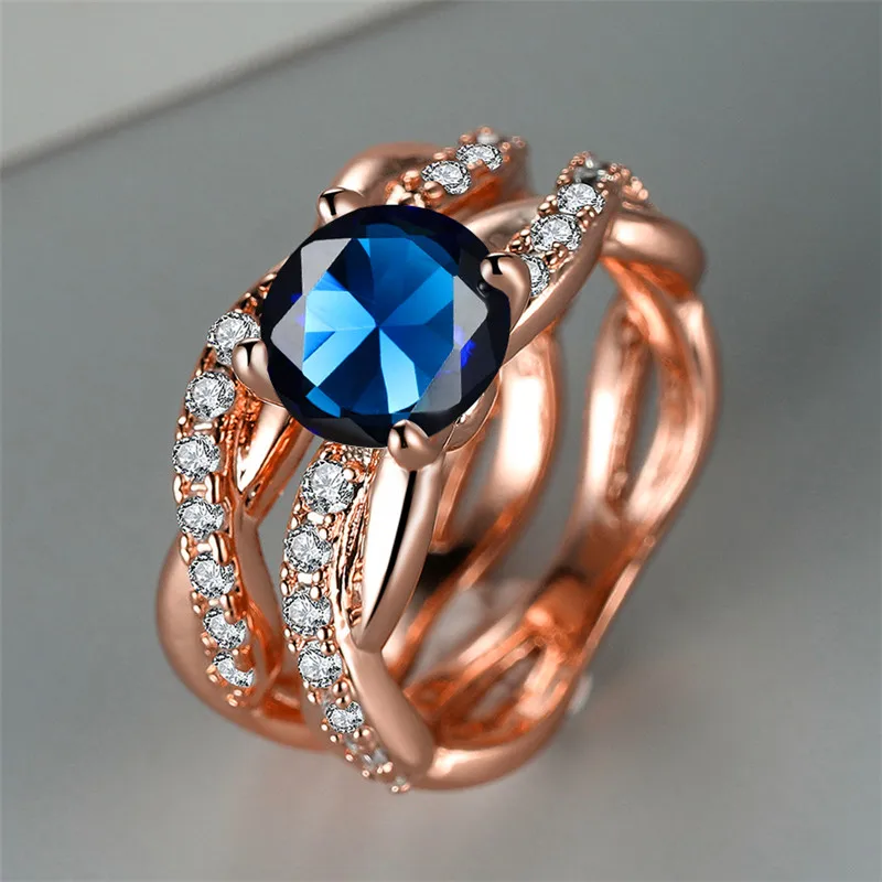 Female Crystal Blue Round Zircon Stone Engagement Ring Set Luxury Silver Color Wedding Jewelry For Women