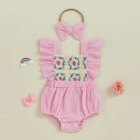 MISOWMNJOY Soft Cotton Baby Girls Bodysuit Princess Crochet Flower Newborn Clothes Flying Sleeve Romper with Headband Kid Outfit