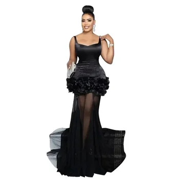 Diamanti 3D Fiore Maglia Vedere attraverso le donne Senza maniche Aderente Abito lungo Festa di compleanno Serata Prom Maxi Abiti a sirena 1