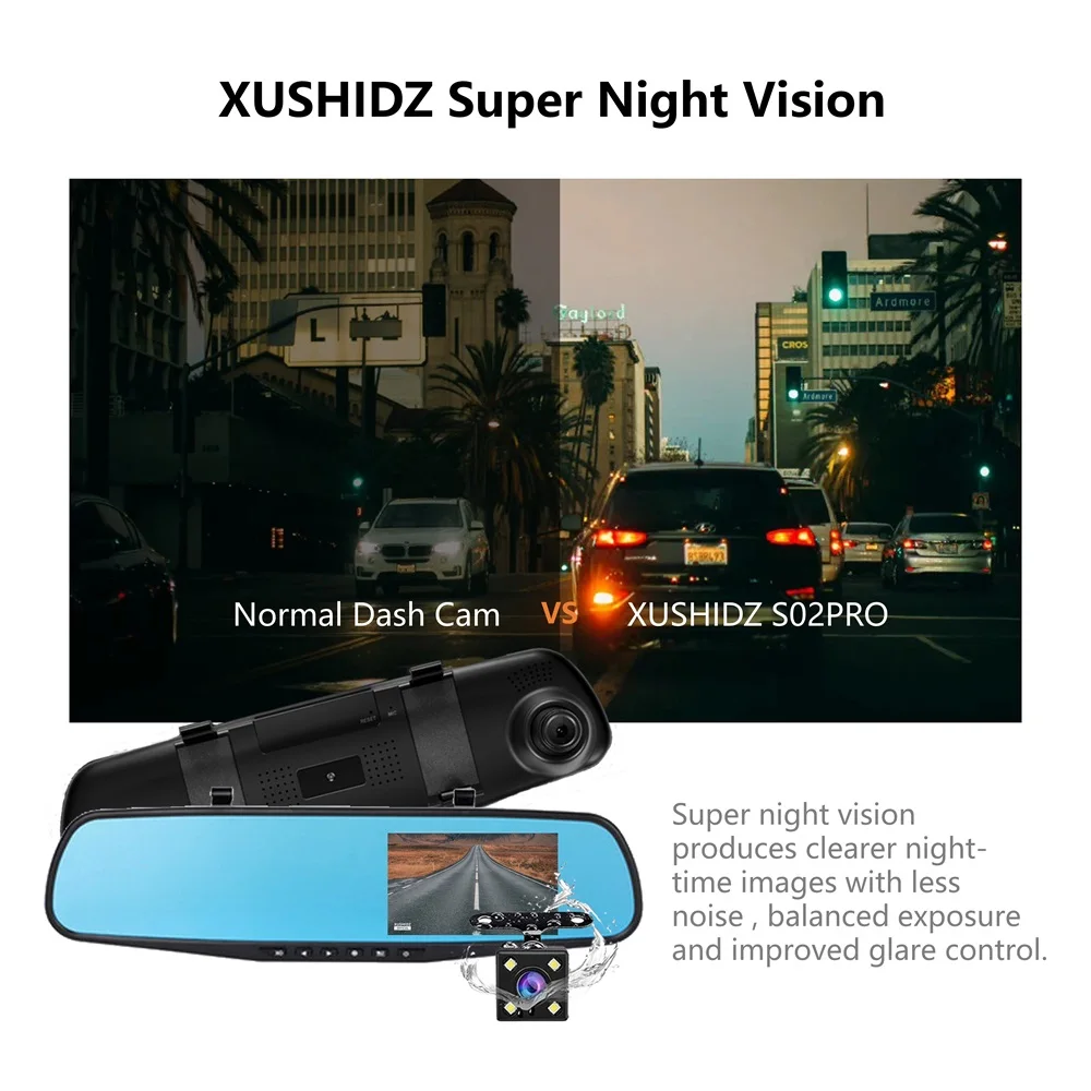 XUSHIDZ S02PRO 1080P 미러 대시 카메라, 전면 및 후면 자동차 카메라, 듀얼 차량 DVR 나이트 비전 대시 캠, 운전 비디오 녹음기