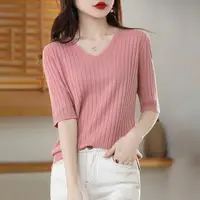 2025 New Spring Summer New Women's V-neck Short-Sleeved Exquisite Cashmere Knitted Sweater Pullover Solid Color - Image 4