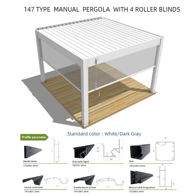 Bioclimatic Aluminum  Pergola 3x4m/10x12ft Manual flip louvered roof with manual roller blinds garden gazebo canopy 2