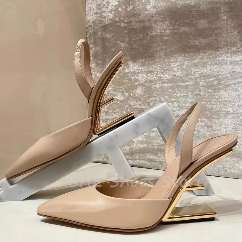 Fashion Design Strange Heel Shallow Sandals for Women Pointed Toe High Heel Slip-On Slingback Pumps Ladies Casual Leather Shoes
