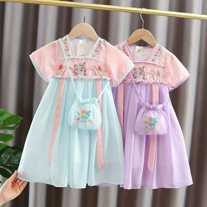 

Hanfu Kids Girl Baby Dress Summer Short-sleeved Tang Suit Baby Chinese Style Clothing Children's Ancient Dress New 2024