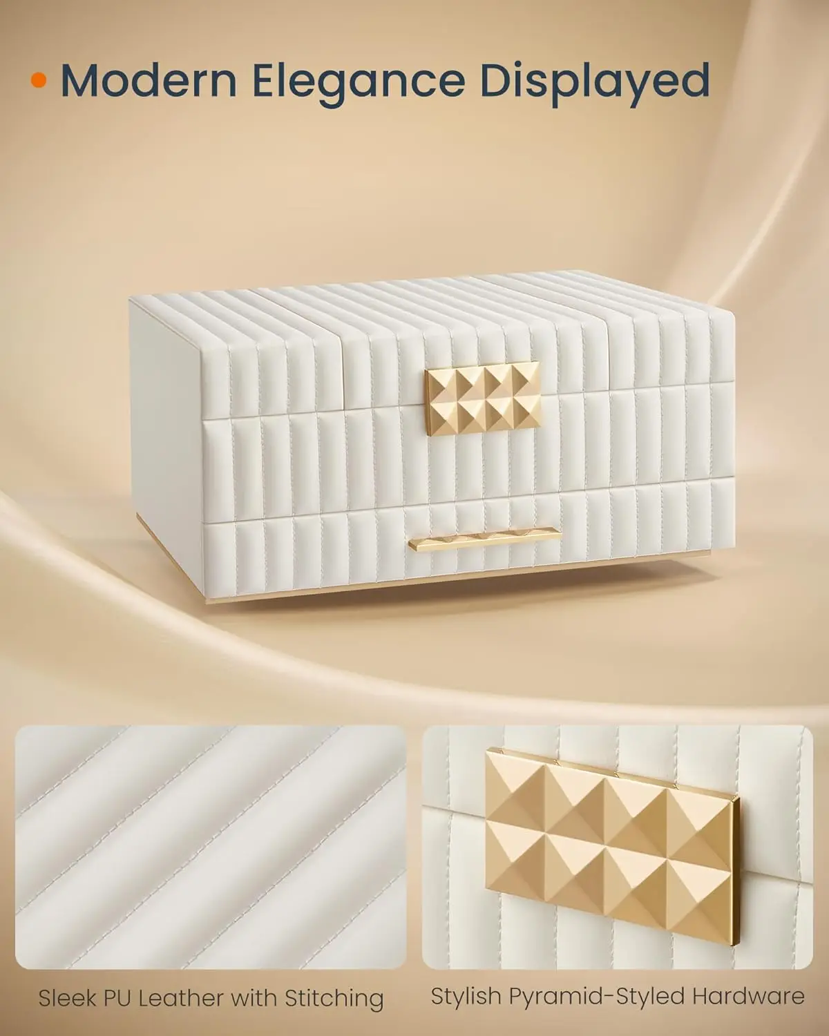 Large capacity jewelry box with mirror, jewelry storage with drawers, PU surface with stitching, 10.6 x 15 x 6.3 inches 3