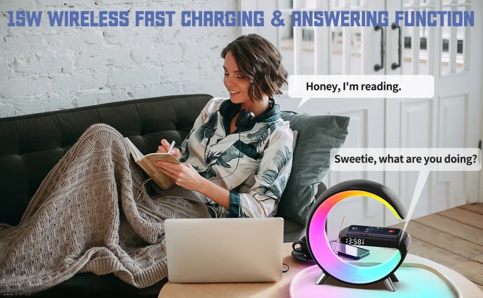 Description Picture 6 of itemNew Arrivals Smart Multifunction Chargers Alarm Clock Lamp Mobile Phone Wireless Charger Table Mood Light For Iphone And Android