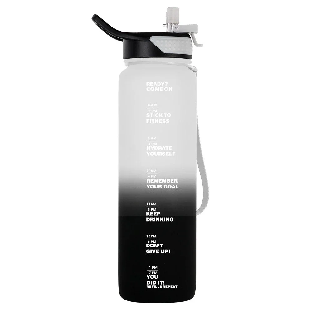 1리터 그라데이션 컬러 동기부여 물병 (시간 표시 및 빨대 포함), 새지 않는 BPA 프리 스포츠 물통 (헬스장, 하이킹용)