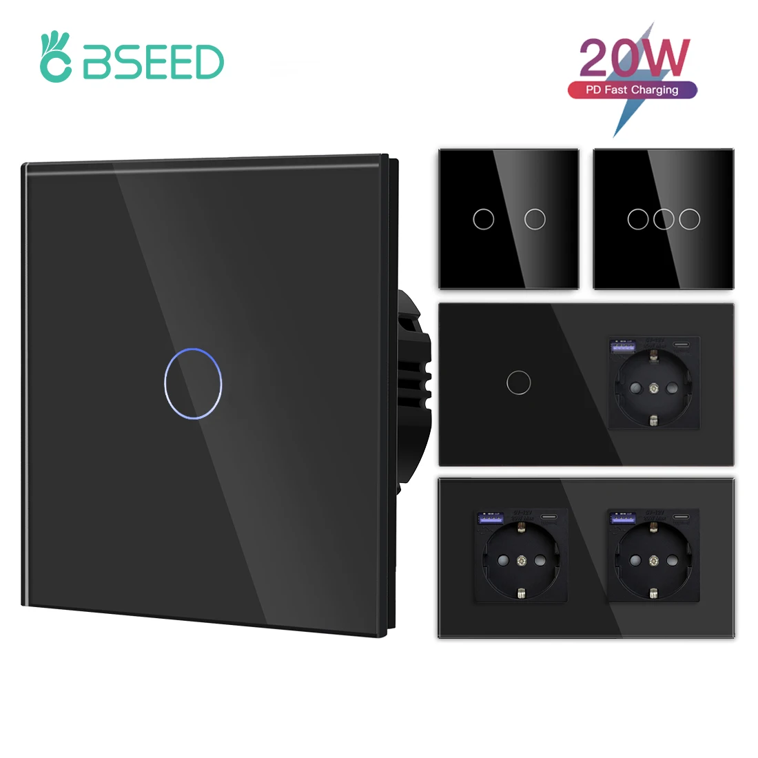 Interruptor do Sensor de Toque da Parede de Bseed 3gang 1way Mais Tipo-c Usb 20w Tomada de Carregamento Rápido Padrão da ue Painel de Vidro Luz de Fundo Azul