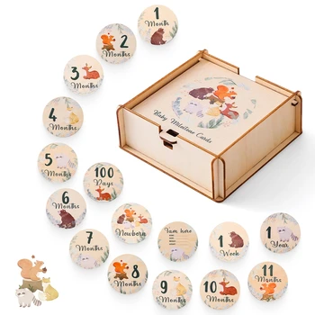 Pietre miliari di crescita del neonato 0-12 mesi Carta di legno con scatola Accessorio per foto Immagine di animali dei cartoni animati Souvenir Regalo per bambini in legno