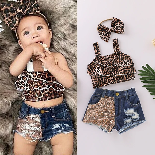 

Sedceaty Toddler Baby Girl Leopard Outfits Ruffle Sleeveless Crop Tops Denim Ripped Shorts Summer Clothes Sets