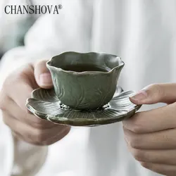 CHANSHOVA  50ml Chinese Retro Style Personality Lotus Handmade Ceramic Tea Cup and Saucer Set China Coarse Pottery Teacup H655