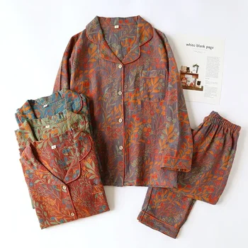 New Vintage Women's Pajamas Cotton Yarn Long Sleeve Pants Sleepwear Lapel Cardigan Home Clothes Soft Casual Set Woman 2 Pieces