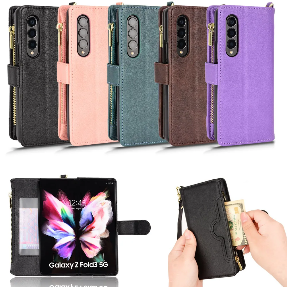 

Multi-card slot Luxury Leather Zipper Flip Wallet Case For Samsung Galaxy Z Fold 3 5G Fold3 Card Holder Stand Phone Cover