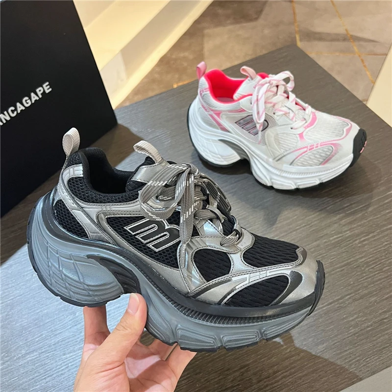 Luxury Designer Chunky Heel Platform Sneakers Mixed Color Unisex Shoes All Match Increasing Runway Casual Trainers Cool Boy New 2