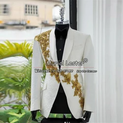 Luxury Floral Pattern Suit Jackets Handmade Gold Beading Diamonds Prom Blazer Tailored Male Fashion Wedding Coat Outwear Tuxedos