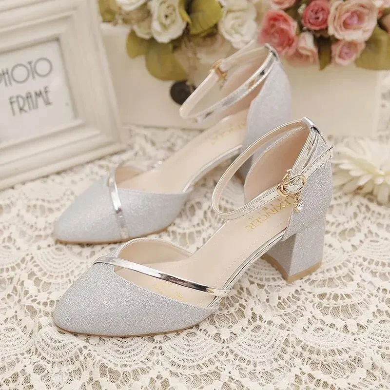 Summer Women's Pointed Head High Heeled Sequin Sandals women slingback sandals women high heels shoes Woman Sexy Shoes Fashion Pearl Decoration Slingback Female Pumps