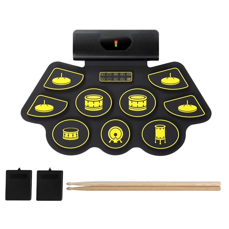 

Electric Drum Kit 9 Pads Portable MIDI Electronic Roll Up Drum Kit With Built In Speakers, Foot Pedals Drumsticks