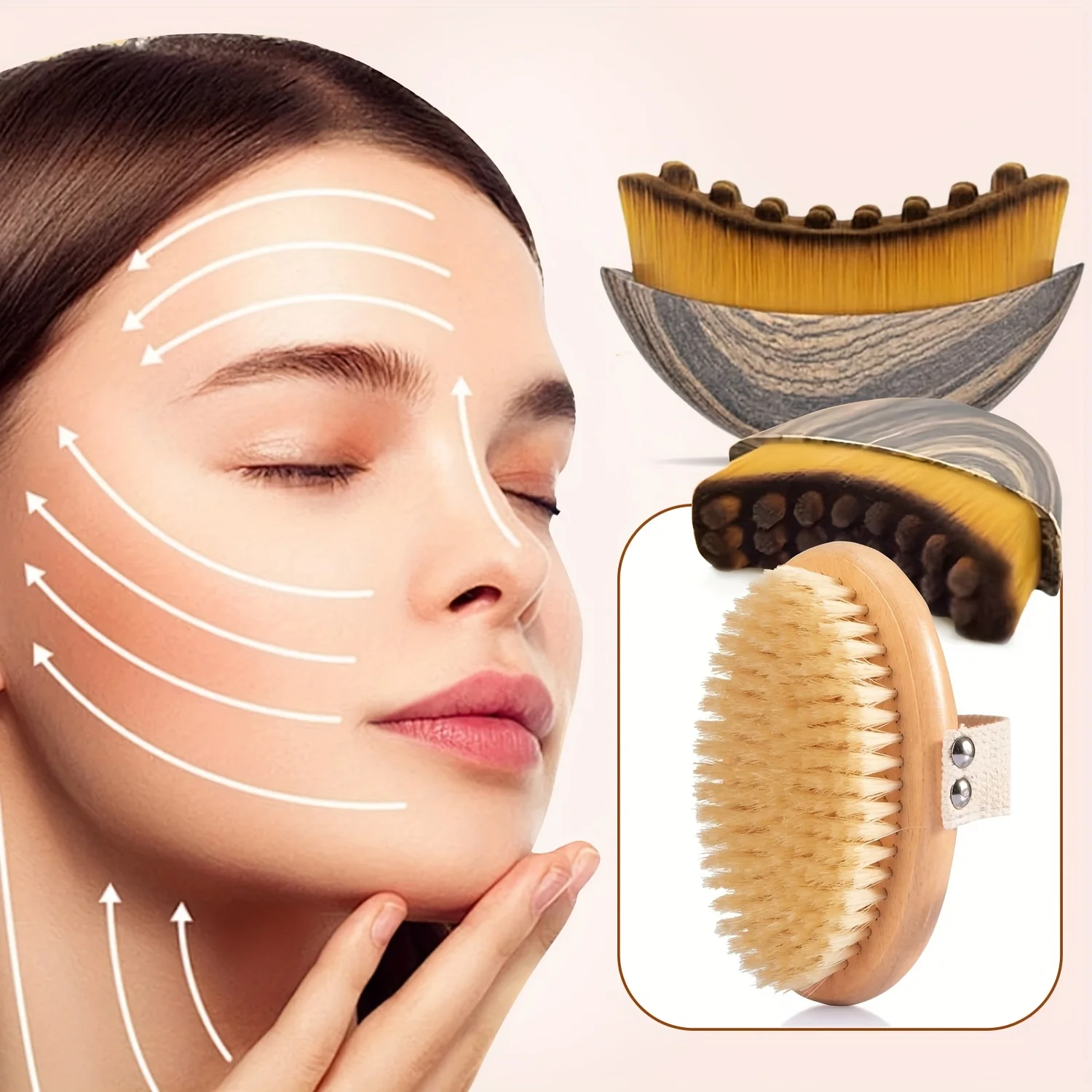 Lymphatic contour facial brush, pig mane body dry brush, exfoliating and blood activating body massage brush, facial brush