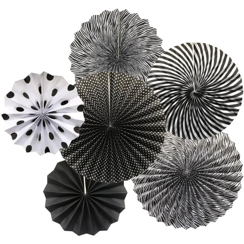 

6Pcs Black White Striped Paper Fans Flower Party Hanging Graduation Party Backdrops Decoration for Birthday Events Accessories
