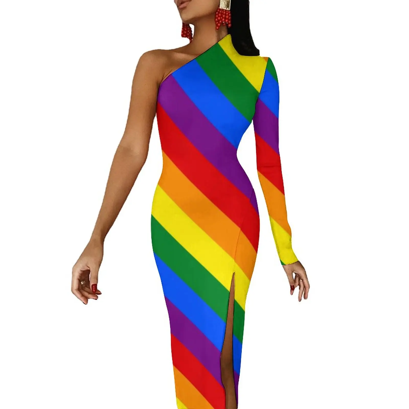 

LGBT Rainbow Maxi Dress Long Sleeve Gay Pride Flag Aesthetic Bodycon Dresses Autumn Elegant Dress Woman Custom Vestido