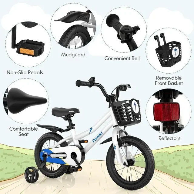 Children's Bikes for Ages 3-8, 12-20 Inch, with Removable Training Wheels, Handbrake, and Rear Brake, Including Basket