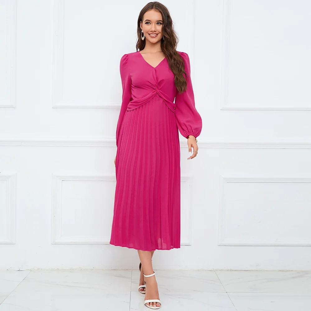 

2023 European And American Women's New Long Sleeved V-neck Slim Pleated Dress In Solid Color Lantern Sleeve Long Skirt Popular