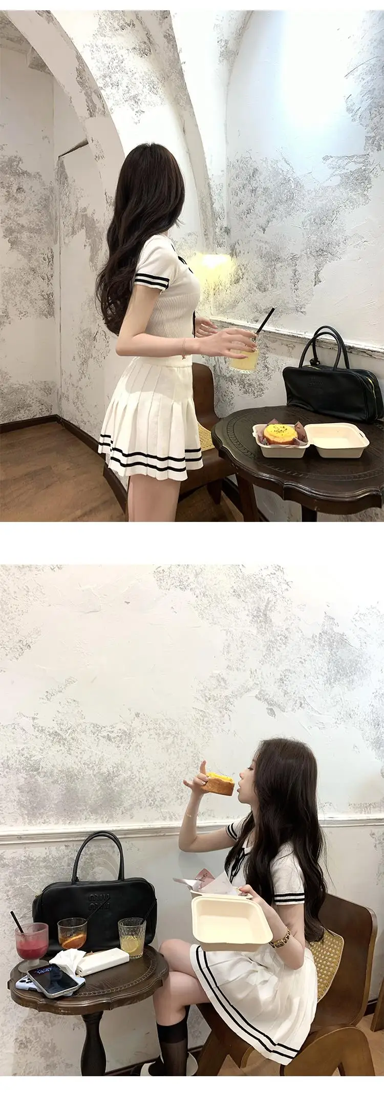 Korean Fashion Knitted Two-piece Set Women Short Sleeve Patchwork Cropped Top Pleated Mini Skirt Preppy Style Outfits New