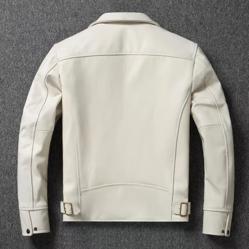 Men's Genuine Leather Jacket White Lapel Calfskin Jacket Natural Cowhide Men's Coat Slim Fit Top Layer Cowhide Biker Jacket - 2