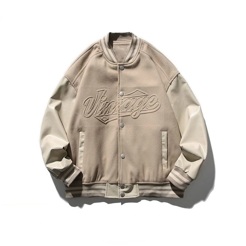 

Simple Fashion Khaki Leather Splicing Baseball Uniform Men's Retro Loose Couple Casual Jacket Spring New Bomber Jacket