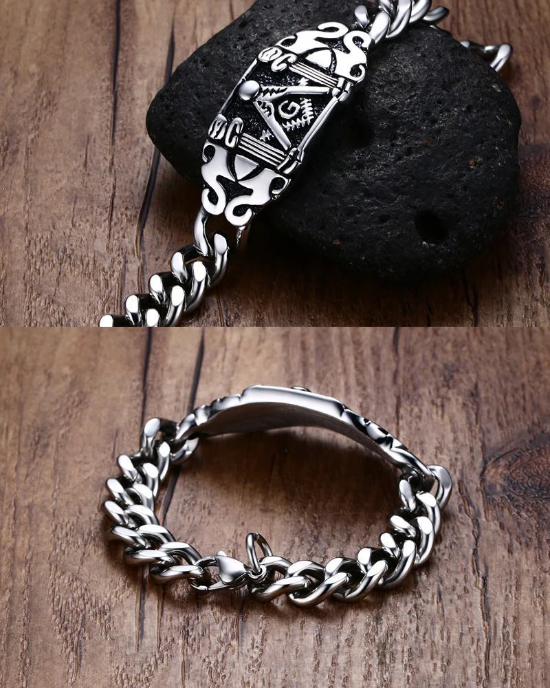 Men's Free Mason Freemasonry Stainless Steel Cuban Link Chain Masonic Bracelet