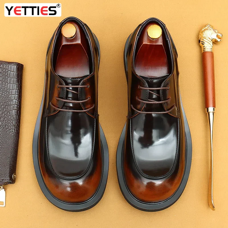 Men's business lace up casual leather shoes British big toe shoes cowhide patent leather round toe derby Retro men's
