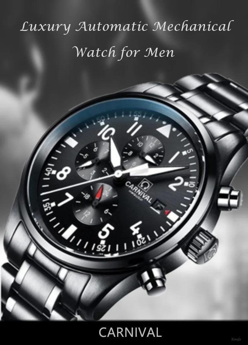2022 Luxury Brand CARNIVAL Automatic Watch for Men Sapphire Calendar Luminous Stainless Steel Army waterproof Dive Men's Watches