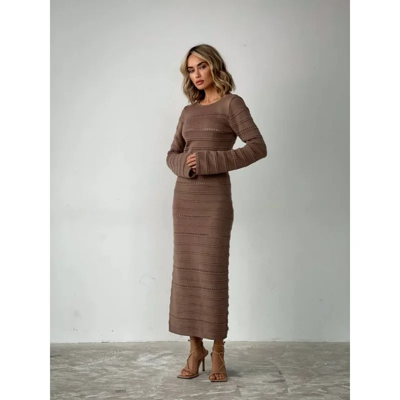 Striped Hollow Two-Wear Knitted Long Dress For Women Fashion Party Club Sweater Dress Vestido FemaleSlim Solid Outfits