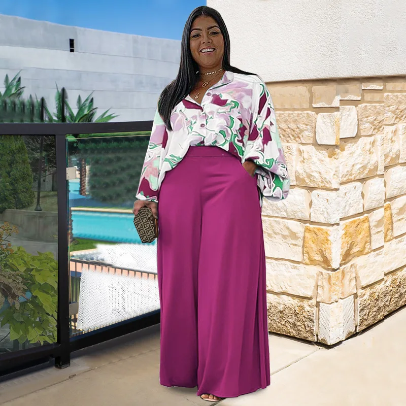 Plus Size Women Clothing Autumn Long Sleeve Printed Top Wide Leg Pants Two Piece Set Oversized Office Lady Elegant Suits Outfits high waist wide leg pants set women 2021 autumn style long sleeve crop top two piece matching sets elegant clothes for ladies