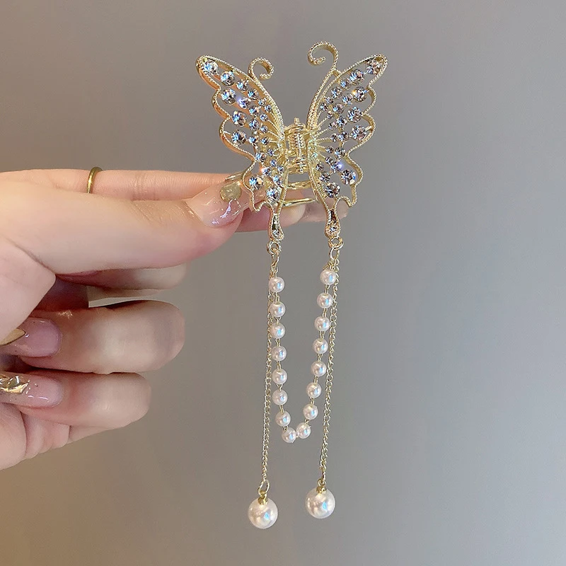 

Exquisite Rhinestone Butterfly Tassel Hair Claw Korean Style Ponytail Braid Pearl Hair Clip For Women Girl Clip Metal Headdress