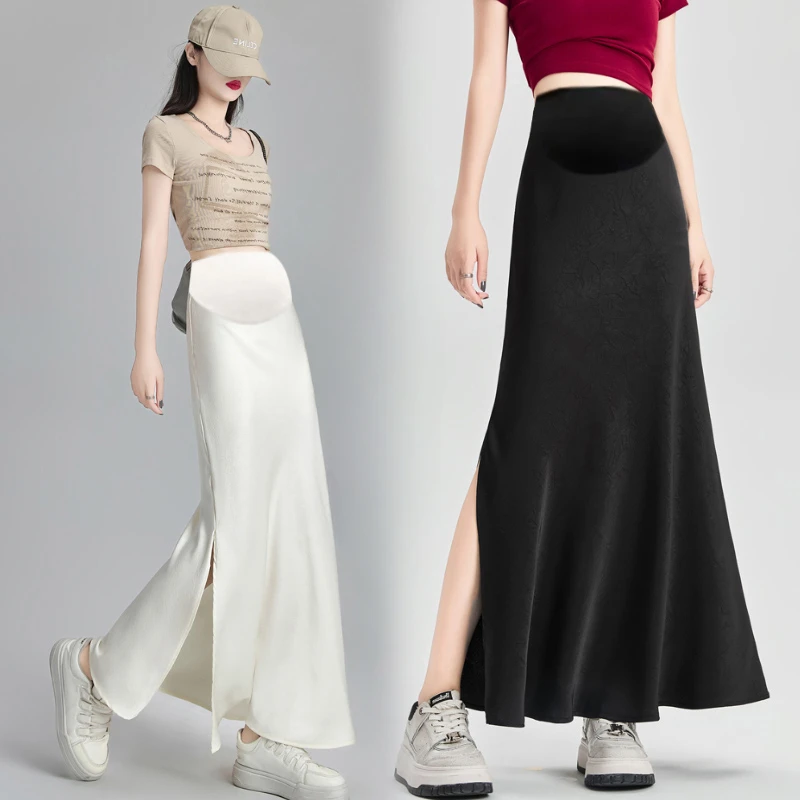Summer French Style Pregnant Woman Retro Belly Skirts Acetate Satin Maternity Mermaid Skirt with Slit Pregnancy Fishtail Skirts