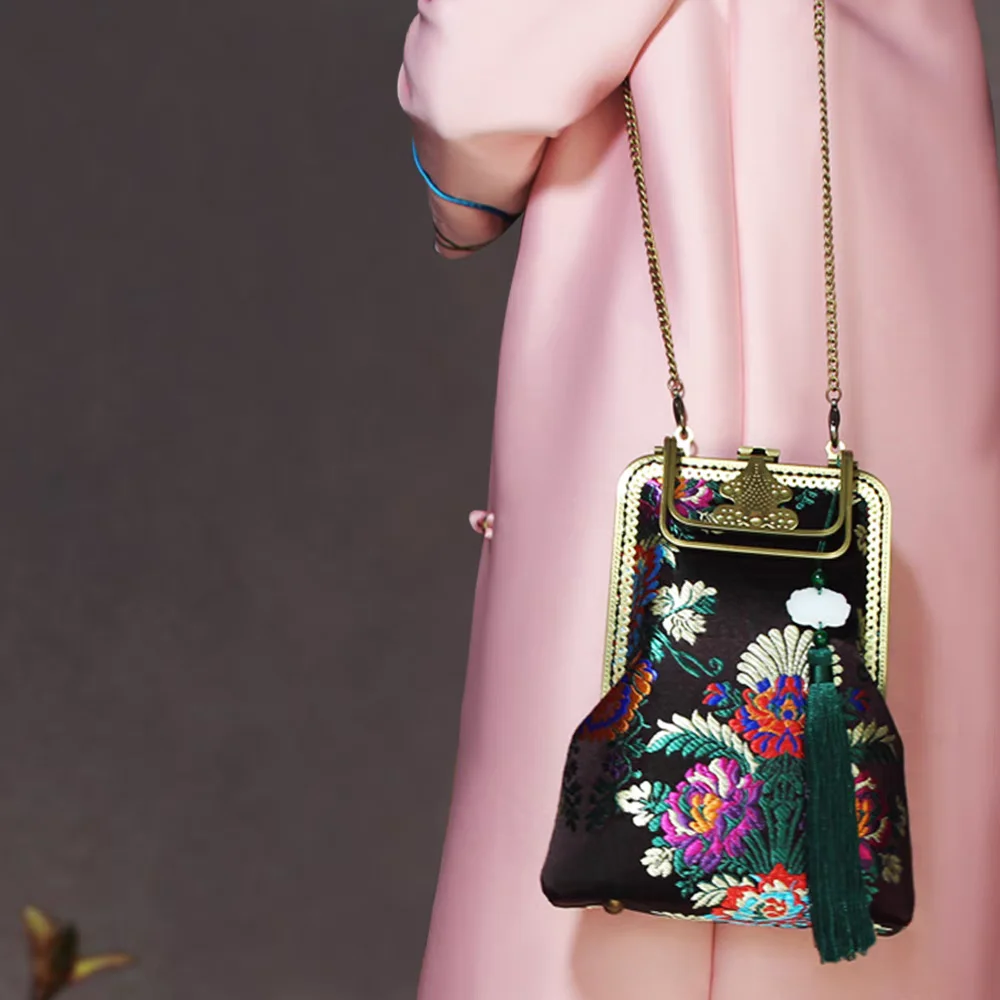 Pure Handmade Vintage Print Flowers Bags Hand Lock Shell Phone Bag Women's Handbags Purses Chain Women Shoulder Crossbody Bags crossbody bag women handbags