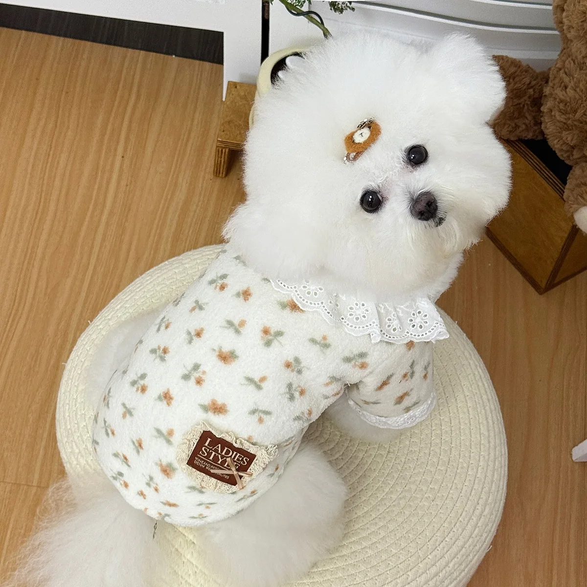 가을 겨울 플리스 애완동물 옷 소형견 및 고양이용 테디 비숑 포메라니안 슈나우저 인형 칼라 오픈 가디건 따뜻한 캐주얼