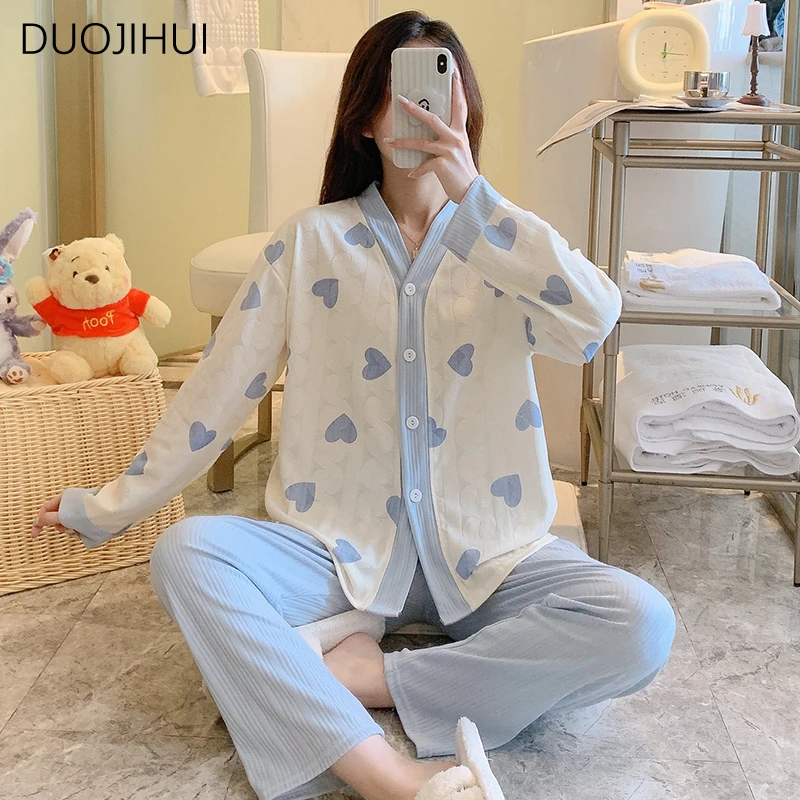 

DUOJIHUI Autumn Two Piece Sweet Simple Female Pajamas Set V-neck Cardigan Basic Loose Pant Fashion Casual Home Pajamas for Women