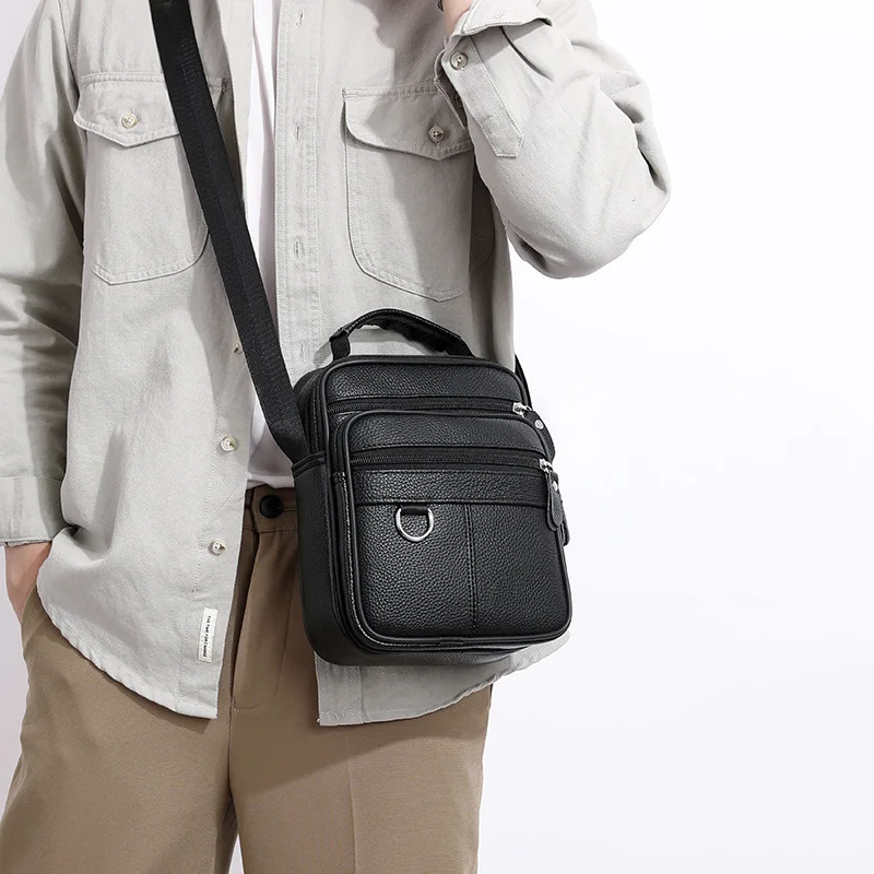 Vertical Genuine Leather Single Shoulder Bag Top Layer Cowhide Men's Casual Hipster Crossbody Trendy Multifunctional Backpack