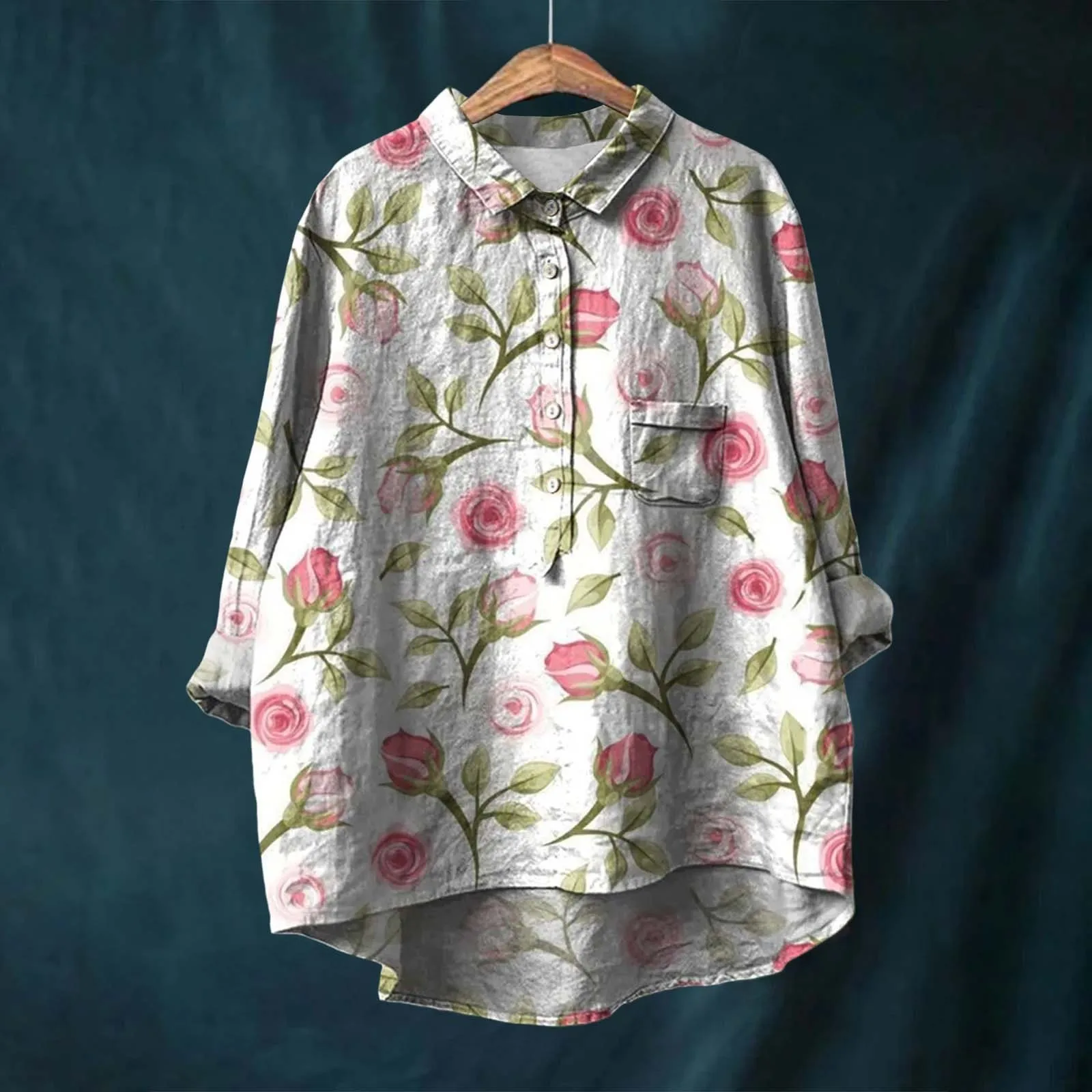 Flower Pattern Printed Women's Lapel Neck Casual Cotton And Linen Womens Loose Fit T Shirts Extra Long Sleeve Tops for Women women t shirt