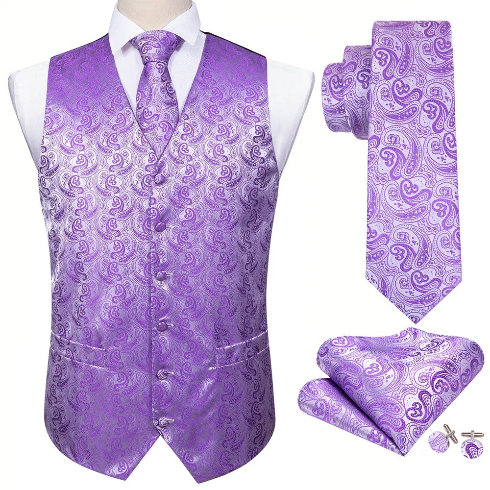 

Purple Floral Silk Vest Waistcoat Men Slim Suit Vest Paisley Necktie Handkerchief Cufflinks Tie Vest Business Barry.Wang Design