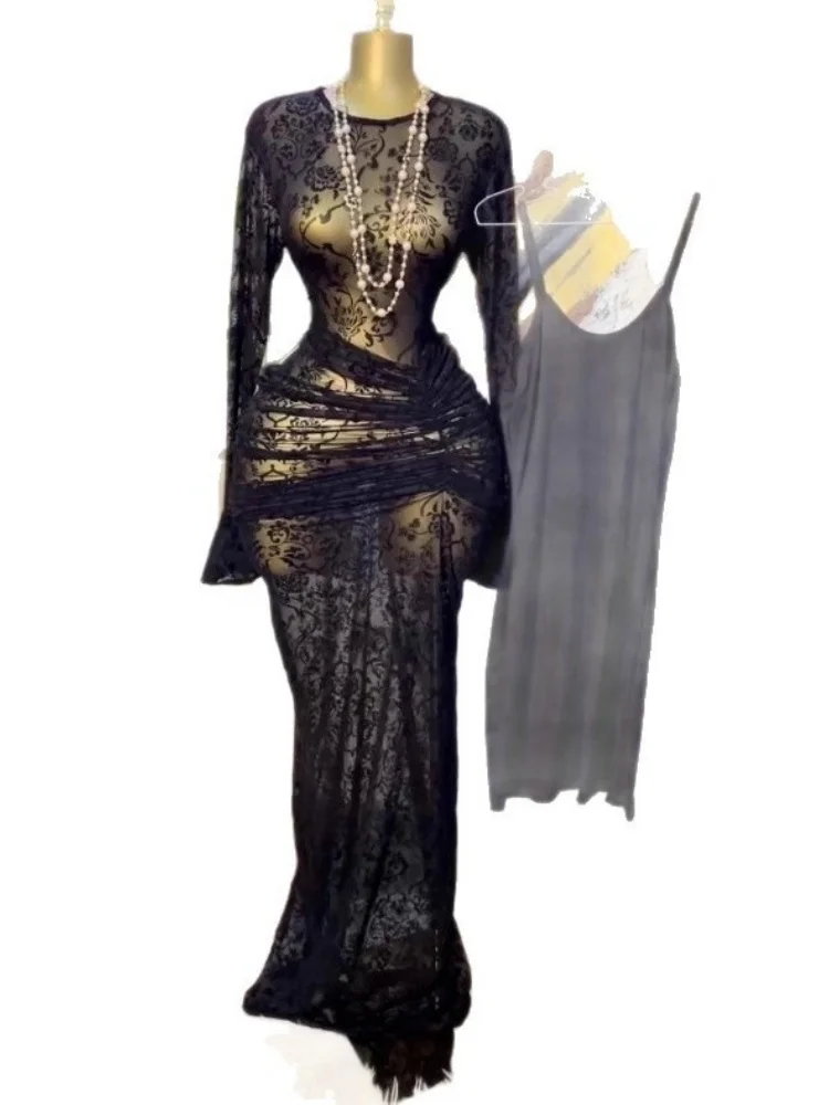 Wmstar Dresses Women Party Fall Women Wear Sexy Tulle Flower Velvet Pleated Dress with Inner Layer Wholesale Drop Shopping