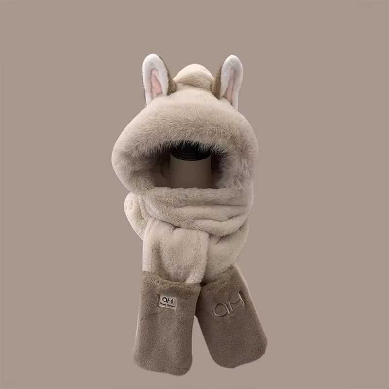 Winter New Outdoor Fox Warm Ear Protection Scarf, Furry and Fashionable One-piece Plush Hat