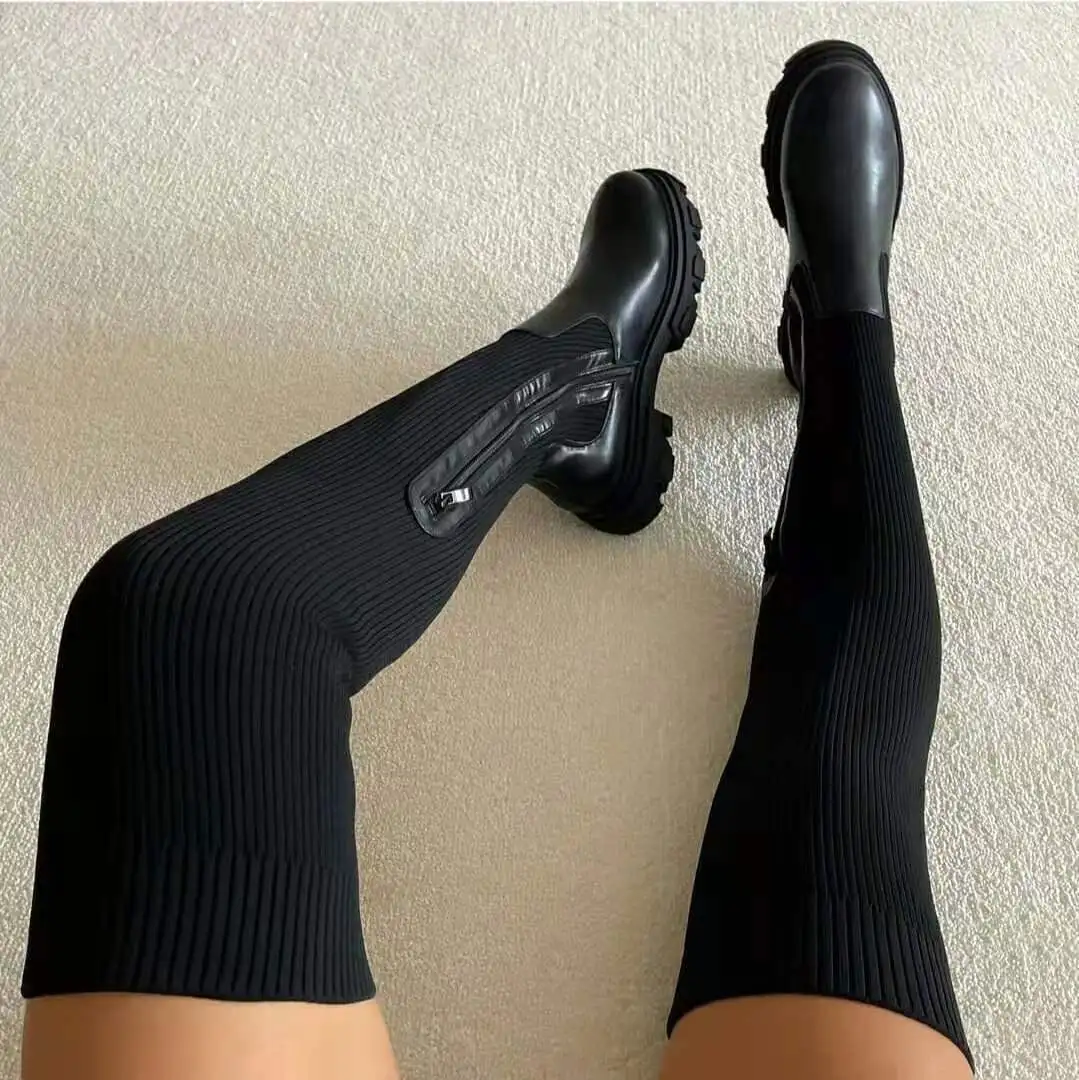 Women Thick Sole Boots Autumn Winter Breathable Knitting Sock Ladies Thigh High Boots Stretch Round Toe Shoes Plus Size 43 women high heel boots