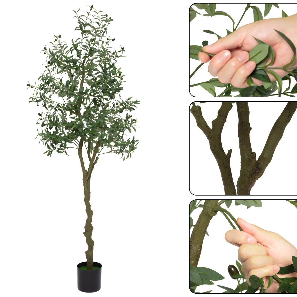 Künstlicher Olivenbaum, hoher, künstlicher Oliven-Seidenbaum im Topf mit Pflanzgefäß, große künstliche Olivenzweige und Früchte, künstlicher Baum – Detail 12