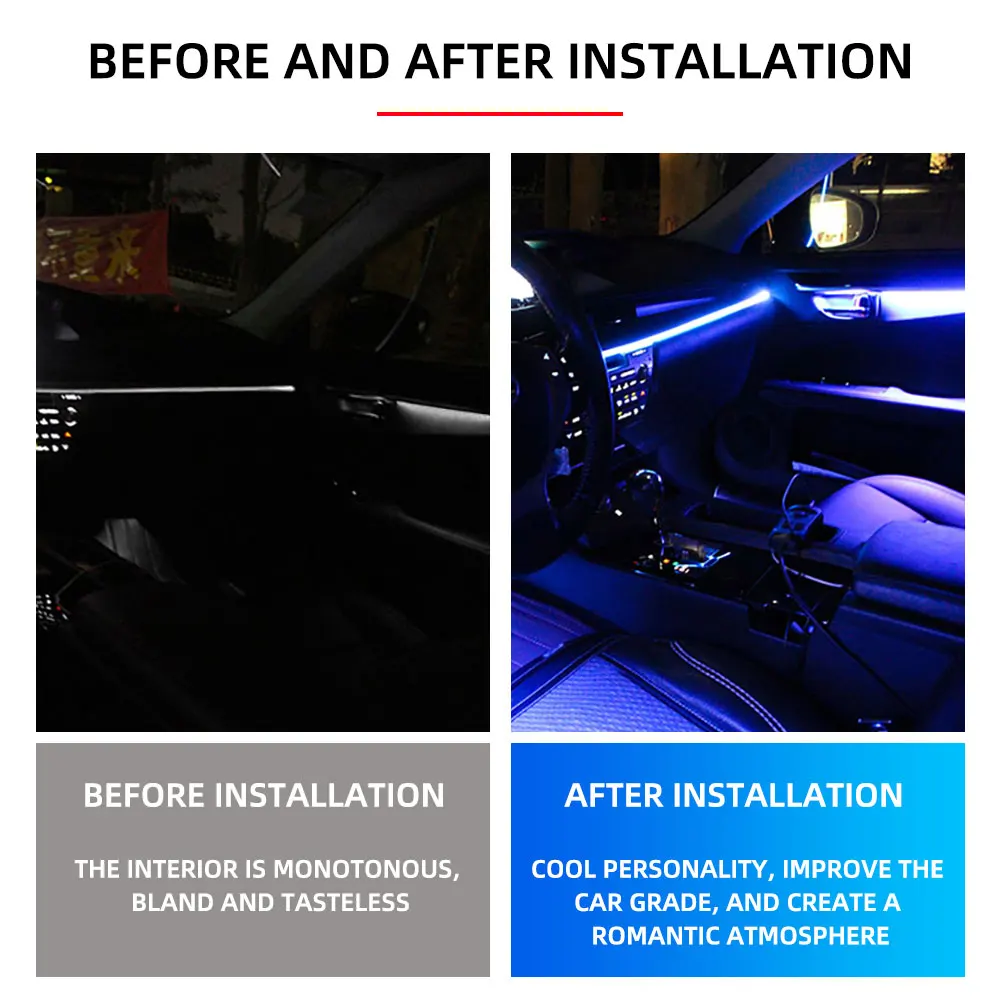 자동차 인테리어 앰비언트 RGB 유연한 LED 클램프 램프, 스위치 앱 제어, 분위기 네온 램프, 자동차 장식 액세서리, 12V, 3M, 5M