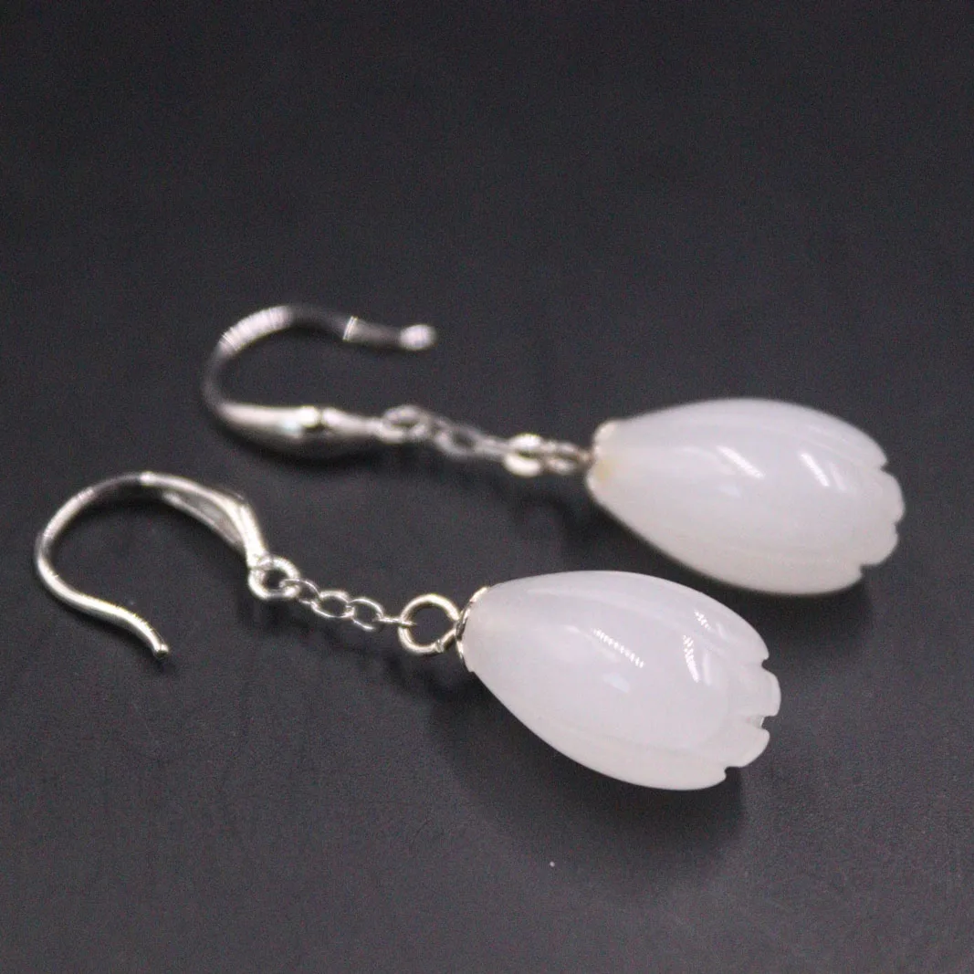 

Pure S925 Sterling Silver Earrings For Women White Jade Flower Earrings Hook Dangle